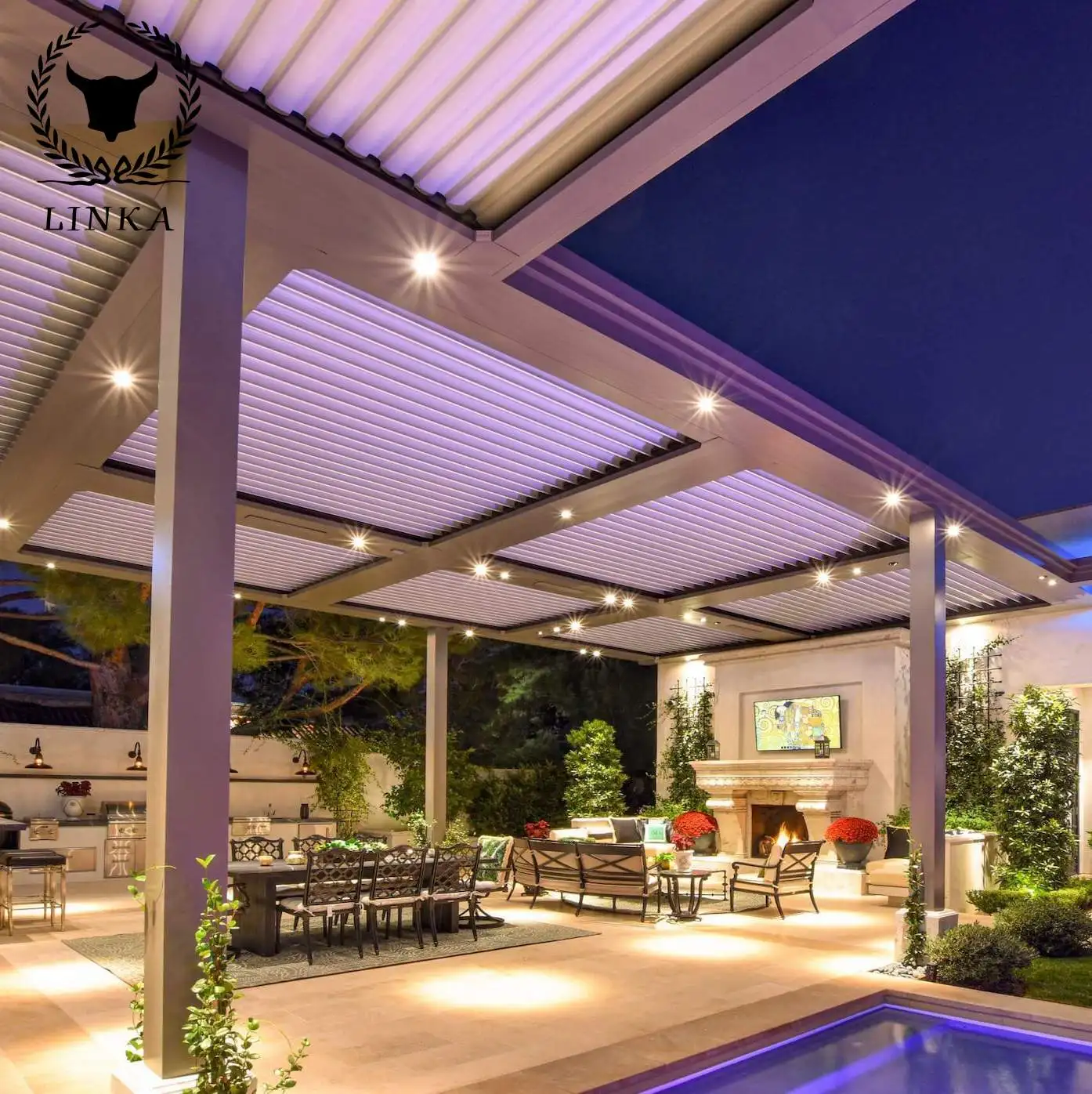 

Aluminium Awning Electric Remote Control Roller Blinds Professional Outdoor Pergola with LED Lights