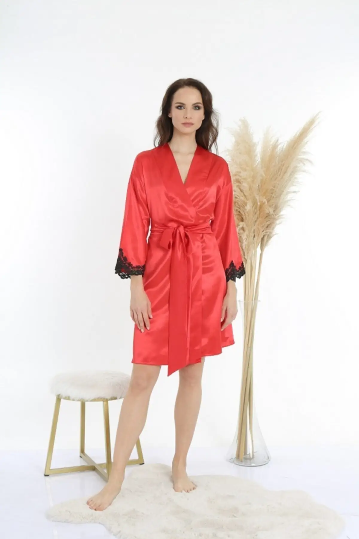 

Dressing Gown Satin Kimono Red Fashion Robe Female Bathrobe Sexy Peignoir Kimono Bride Dressing Gown Gown Gown Gown Gown