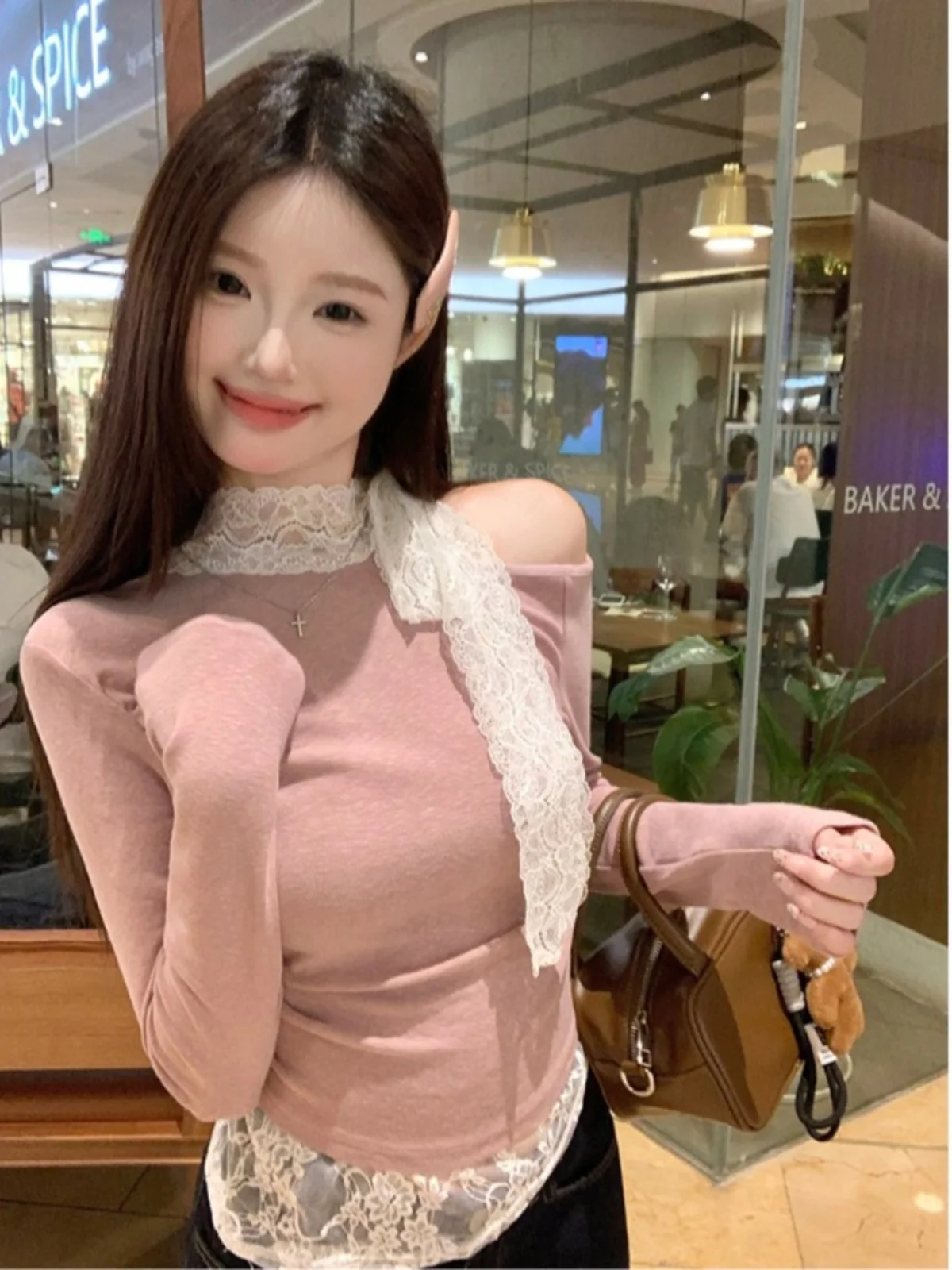 Женская рубашка с длинными рукавами и кружевной строчкой Pure Desire осень 2024 новый