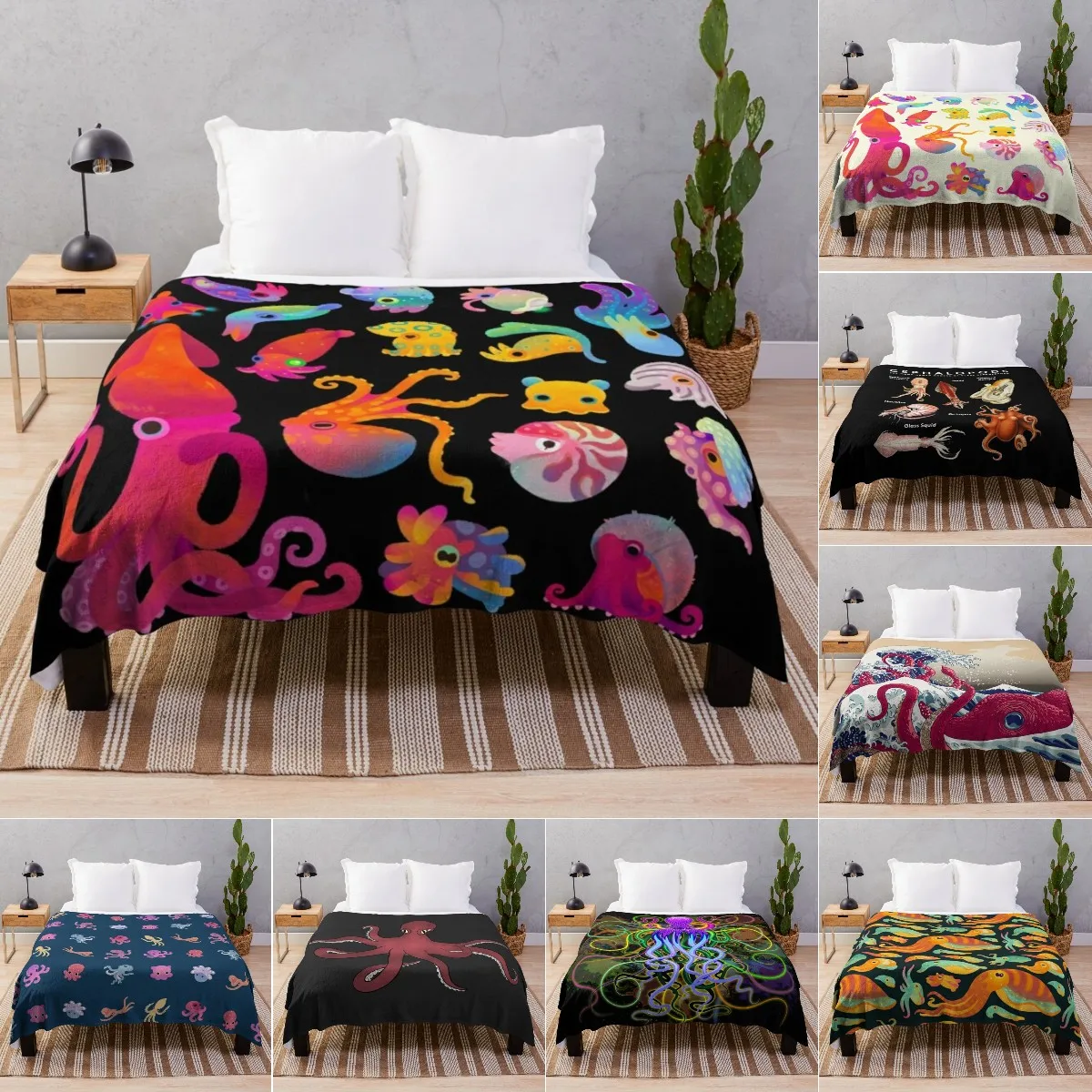 

Octopus Throw Blanket, Cephalopod Vintage Style Cartoon Print, Flannel Fleece Blanket for All Seasons for Couch Bed Sofa Chair