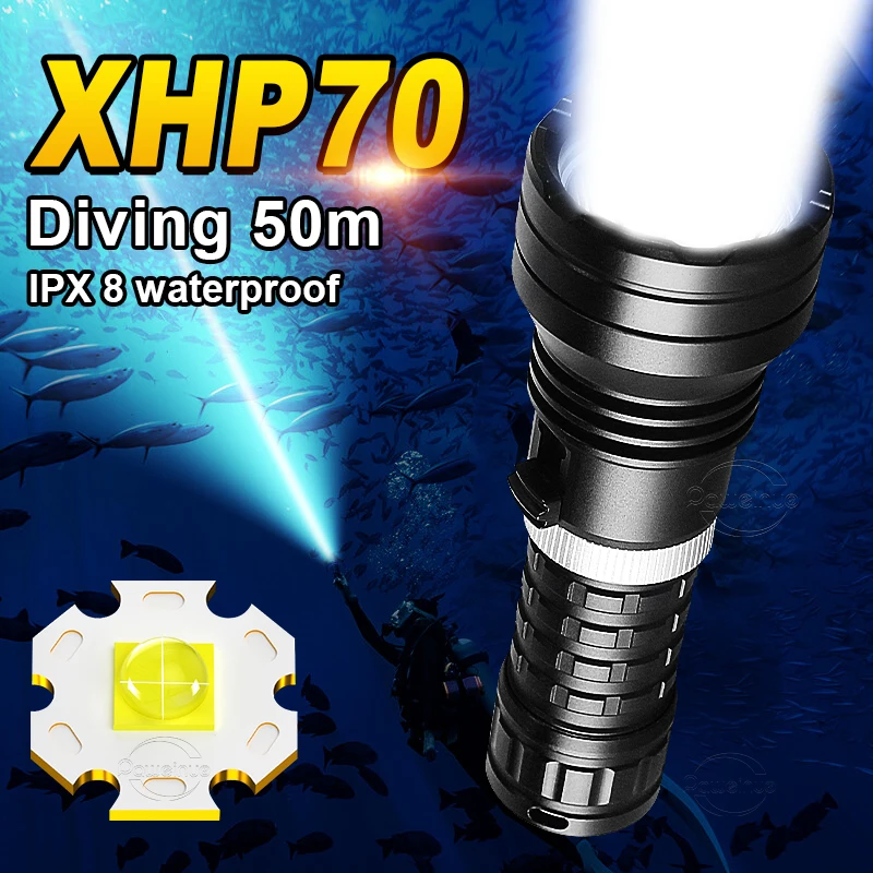 

2022 Latest XHP70 LED High Power LED Diving Flashlight IPX8 Underwater 50M 26650 Rechargeable Dive Torch Hunting Scuba Lantern