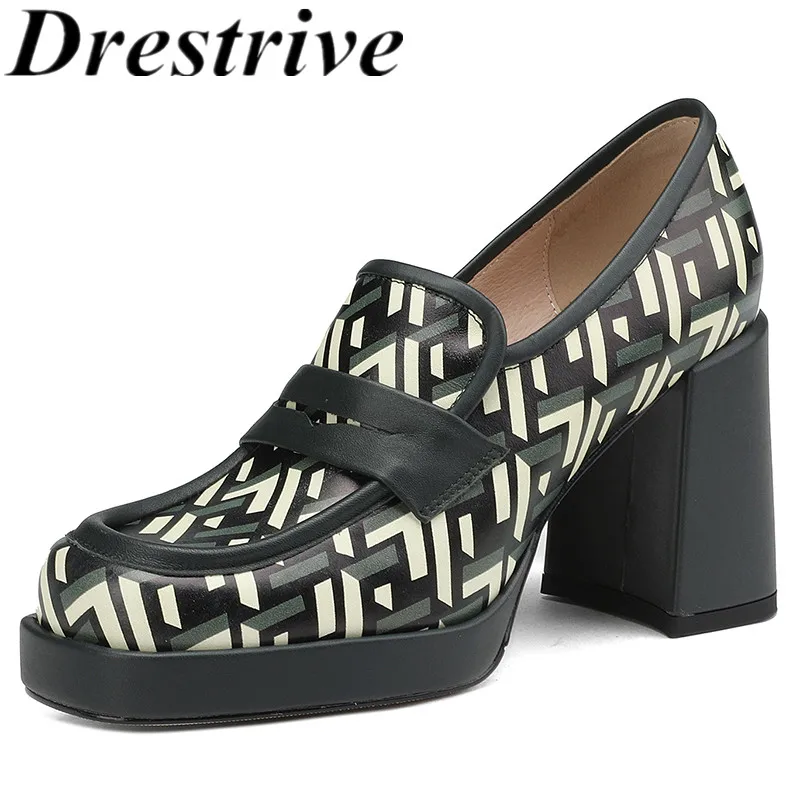 

Drestrive 2022 Fashion Women Pumps Print Cow Leather Thick High Heels Platform Shallow Round Toe Loafers Shoes Spring