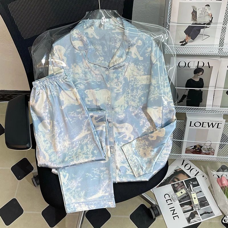 

Домашний повседневный комплект, роскошный свободный ледяной костюм, осенняя Тонкая шелковая одежда из двух предметов, пикантная Женская пижама с длинными рукавами, шелковые женские брюки