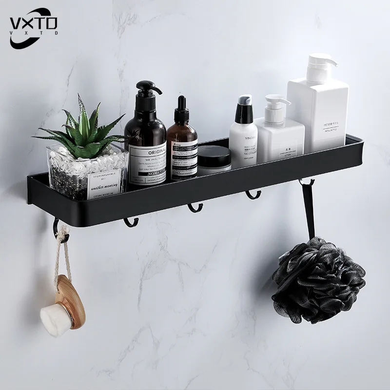 

Bathroom Black Shelf with Towel Bar Space Aluminum Shelves Towel Rack with Hook Shampoo Holder Kitchen Storage Rack 30-60 cm