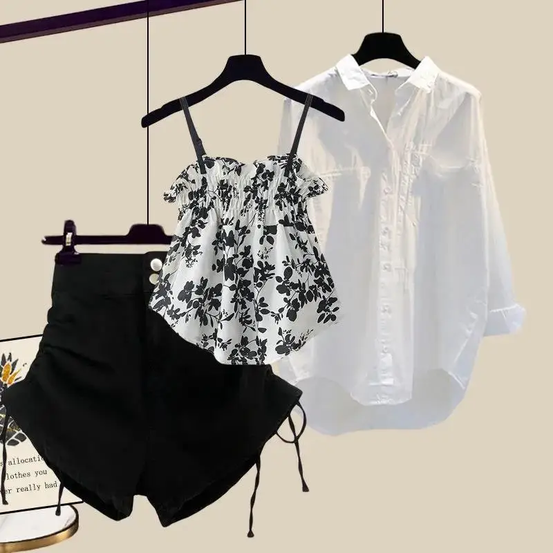 

Летняя одежда из серии соль 2022, новый стиль, стройнящая Сексуальная женская Свободная рубашка и шорты с кулиской, костюм из трех предметов