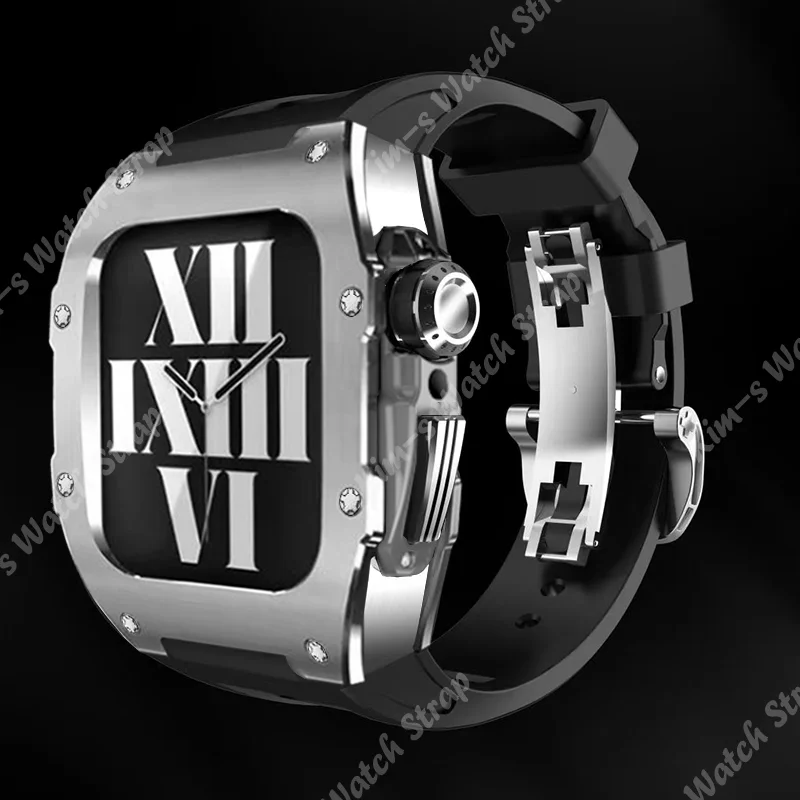 Titanium Alloy Stainless Steel Modification kit for Apple Watch 7 45mm Fluorine Rubber Strap for iWatch 6 SE 5 4 44mm Band Set