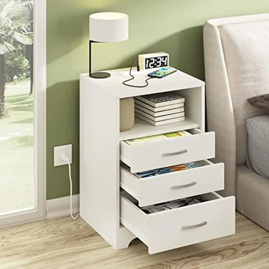 White Nightstand with Charging Station, Modern End Side Table with 3 Drawers, Wooden Cabinet Stand by Sofa