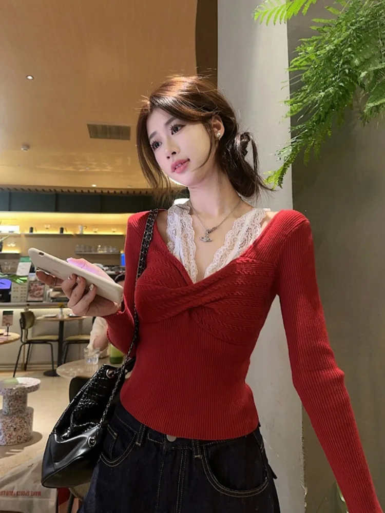 Красный кружевной шов с v-образным вырезом искусственный вязаный женский