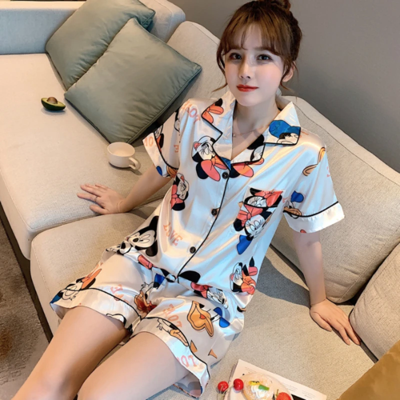 Disney Silk Mickey Pyjamas Woman Casual Short Sleeve Top and Shorts Homewear Ladies Loose Minnie Mouse Stain Sleepwear Sets