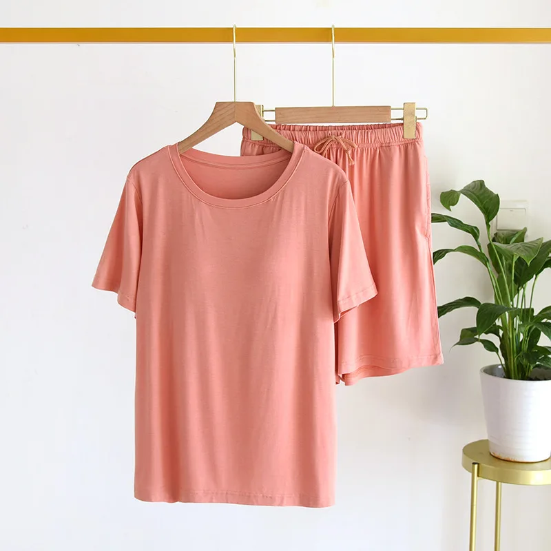 Pajama Shorts Set Women T-shirt Short-sleeved Suit Female Modal Bra-free Pullover Large Elastic Summer Thin Outdoor Home Clothes