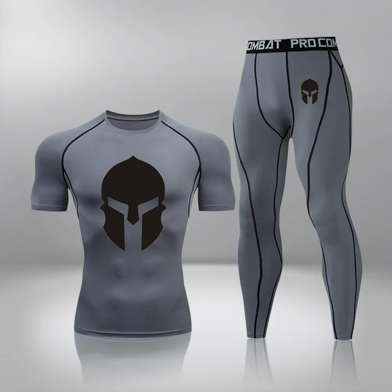 

2 Pcs/Sets Men's Breathable Sportswear Short Sleeve T-Shirt Athletic Wear Compression Pants Suit Gym Elastic Tracksuit Running