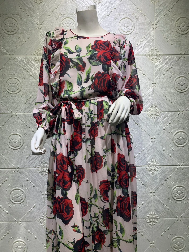 Muslim Dress Women Elegant Casual Rose Print Ruffle Trim O-Neck Lantern Sleeve Bohemia Party Long Dresses Ramadan Abaya New