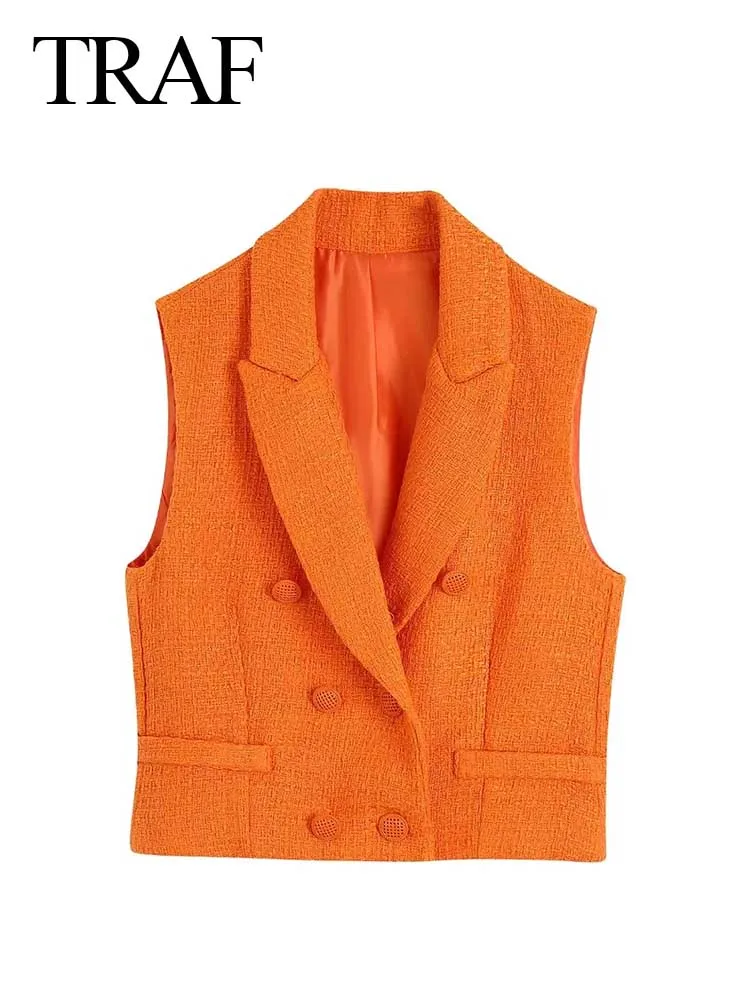 

TRAF Blazer Jacket Women's Sleeveless Lapel Double Breasted Solid Orange Office Vest Coat Fashion Casual Summer Ladies Clothing