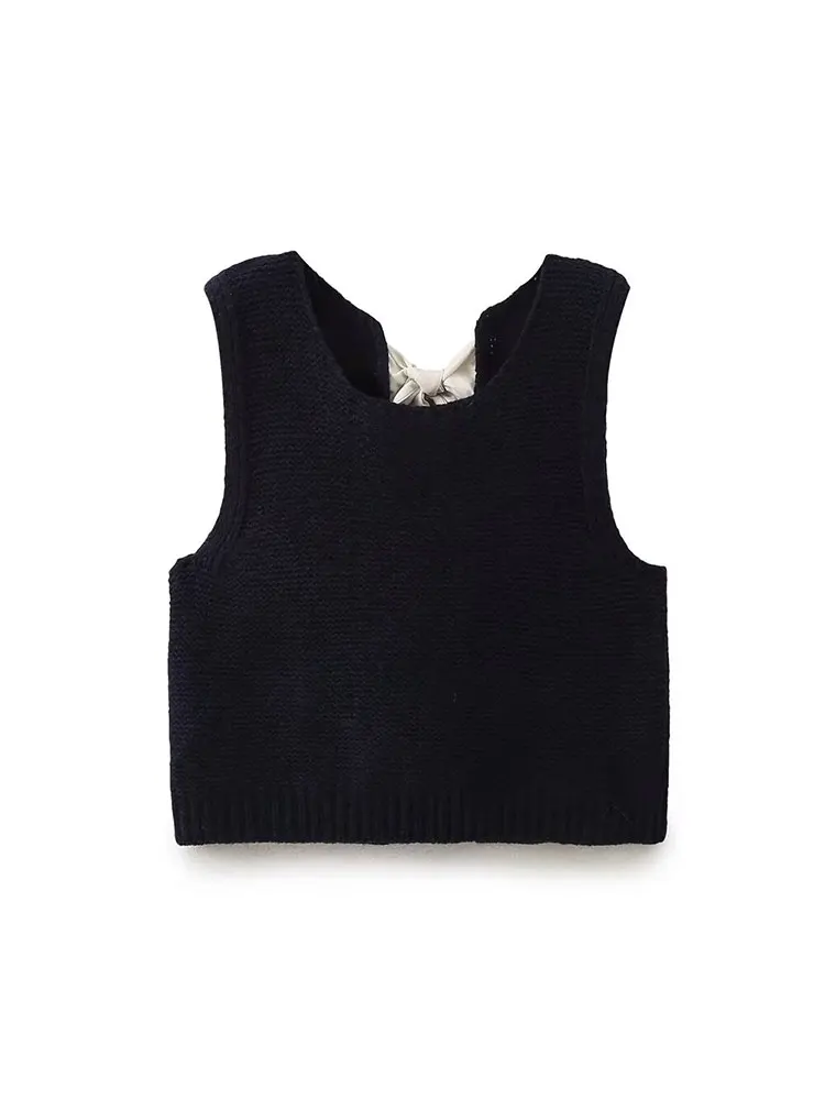 Женский трикотажный кардиган с бантом без рукавов круглым вырезом