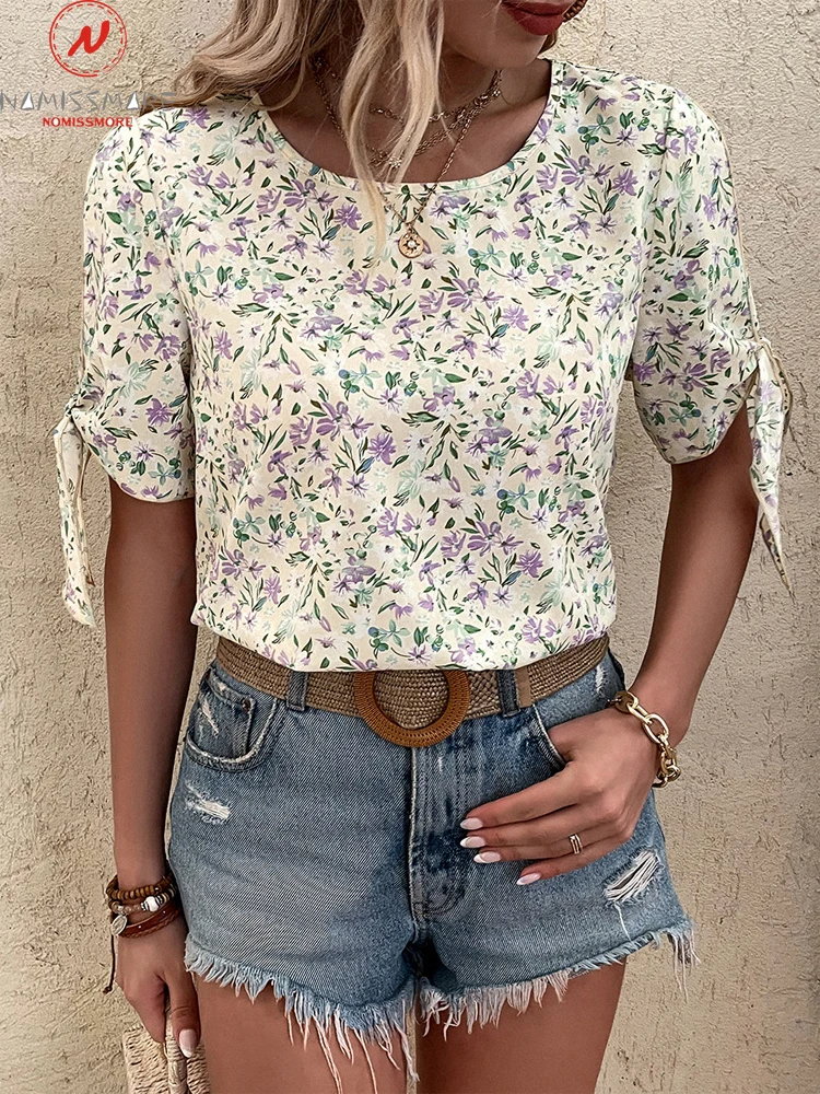 

Fashion Women Summer Print T-Shirts Hollow Out Design Bandage Decor O-Neck Short Sleeve Casual Loose Pullovers Top