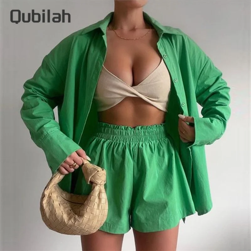 

Женский спортивный костюм из двух предметов, Однотонная рубашка с длинным рукавом и шорты, Свободный Повседневный женский костюм, весна-лет...