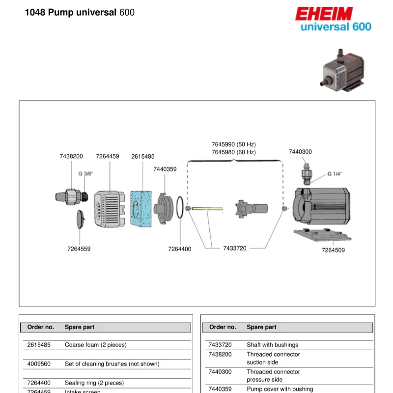 Насос EHEIM 1046 1048 1250 1252 1253 1260 1262 1264 300 Универсальный 600 1200 2400 3400 4500 запасные части