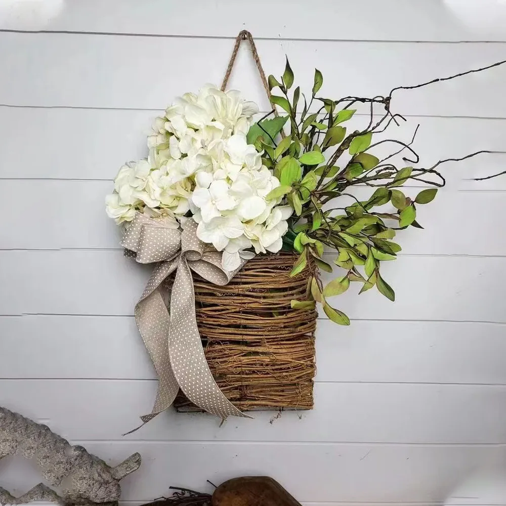 

Cream Hydrangea Door Hanger Basket Wreath, Spring and Summer Wreath, Farmhouse Door Hanger Wildflower Basket Wreath