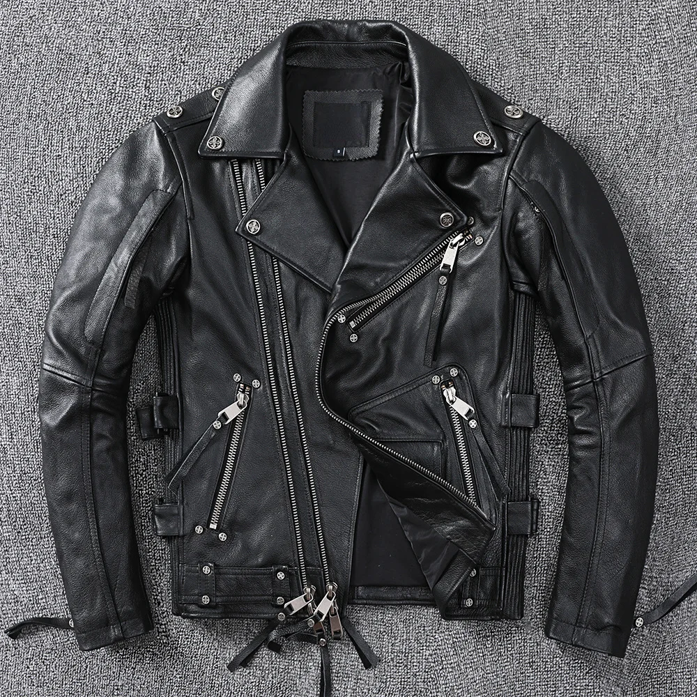 

Черная мотоциклетная кожаная мужская куртка из натуральной воловьей кожи, приталенный силуэт, винтажная коричневая Мужская Байкерская оде...