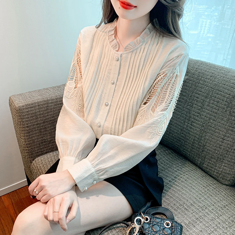 

Chiffon Women's Shirts New Lace Patchwork Blouses Loose Long Sleeves Casual Summer 2023 Top O-neck Ladies Clothing YCMYUNYAN