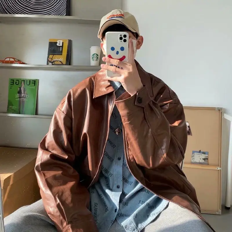 Мужская мотоциклетная куртка из ПУ кожи коричневая в стиле ретро корейская мода