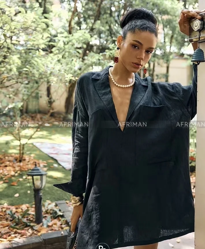 Женское свободное платье-рубашка из 100% льна с отложным воротником