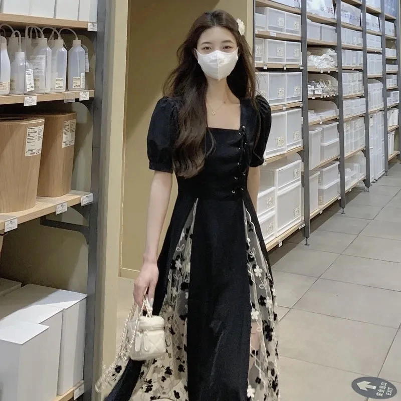 

Women A Line Mesh Flower Patchwork Black Long Party Dress Summer Korean Fashion Retro Dresses Y2k Square Collar Dress Robe Femme