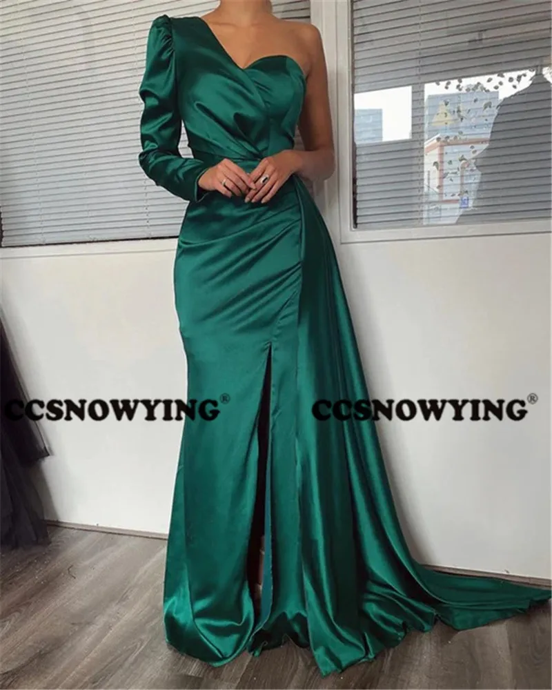 

Темно-зеленые атласные вечерние платья-русалки на одно плечо с разрезом и длинным рукавом, бальное платье для выпускного вечера и вечеринки