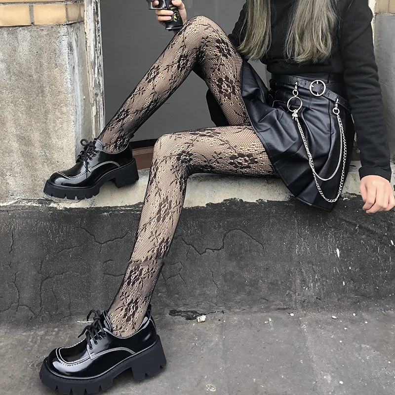Women Gothic Tights Pantyhose Japanese Black Retro Rose Flower Vine Fishnet Lace Trousers Little Love Bottoming Stockings
