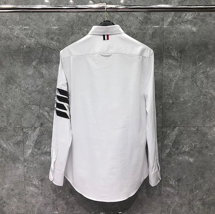 TB Men's Shirts Fashion New Shirts Men Slim White Striped Long Sleeve Casual Shirt Turn Down Collar Oxford Solid Men's Clothing