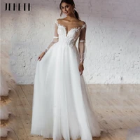 beach v neck wedding dress 2022 sexy lace appliques a line tulle long sleeve bohemian bride gown modern backless bridal robe