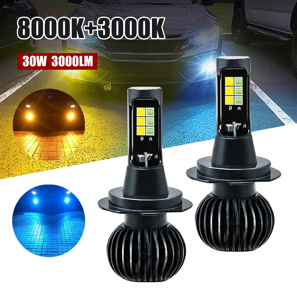 

3000LM Car LED Headlight Bulb H7 9005 9006 H11 5202 H1 H3 880 881 Fog Light 30W Ice Blue Amber Dual-Color Waterproof Lamp Bulb