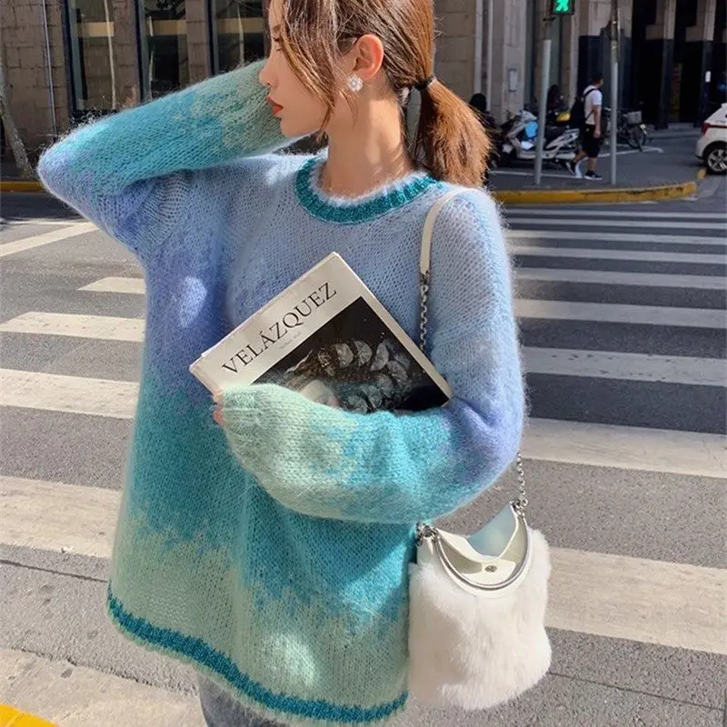 

2022 New Women Autumn Winter Clothes Casual Loose Round Neck Sweater Jumper Long-sleeved Knitted Pullovers Female Tops E27
