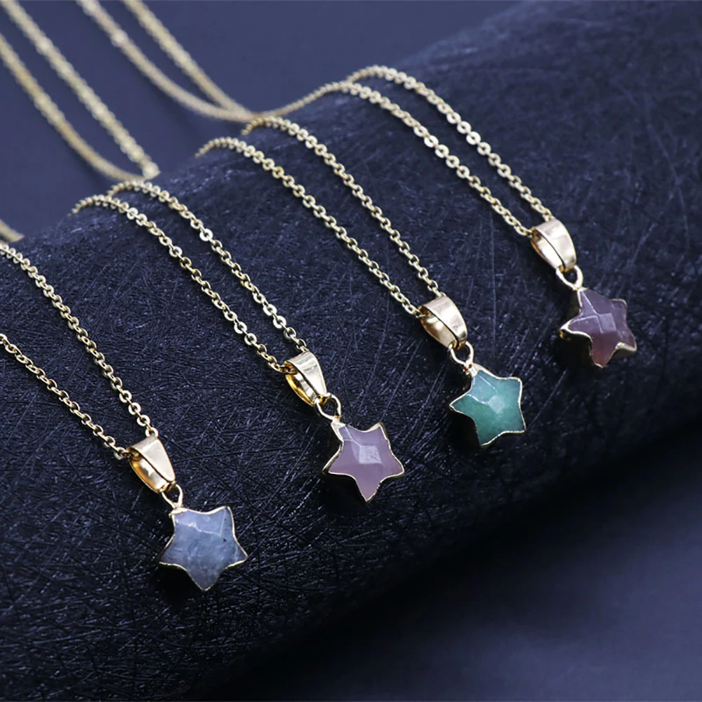 

48cm Natural Five-pointed Star Shape Agates Lapis Lazuli Clear Quartzs Leather Rope Pendant for Women Jewelry Necklace Size 12mm