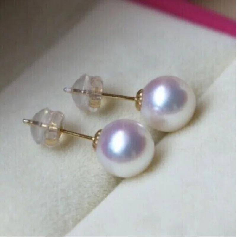 

Gorgeous AAAAA 8-9mm natural Round Japanese Akoya white pearl earrings 18K GOLD