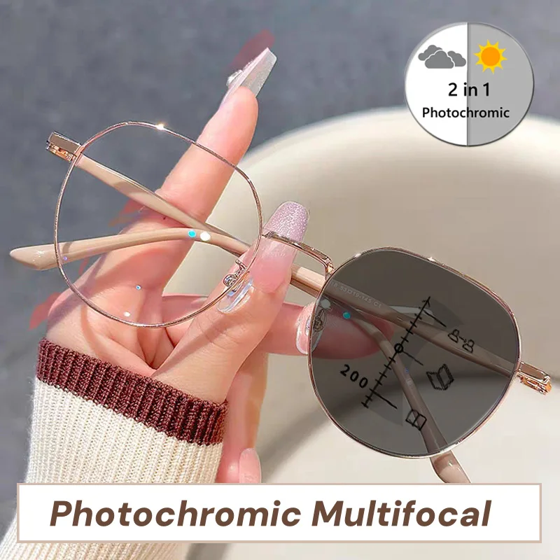 Luxury Photochromic Multifocal Reading Glasses Women Antiblue Light Presbyopia Ultralight Metal Frame Near Far Sighted