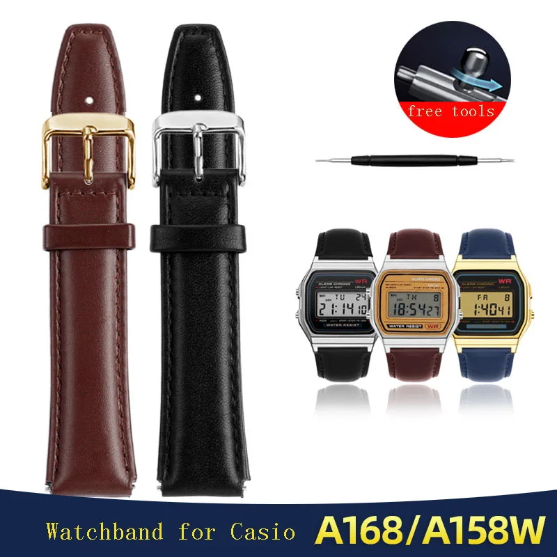 Фото Кожаный ремешок для часов Casio A159W-N1 A158WA A168, винтажный маленький квадратный металлический ремешок, быстросъемная цепочка, 18 мм ремешок для часов №4
