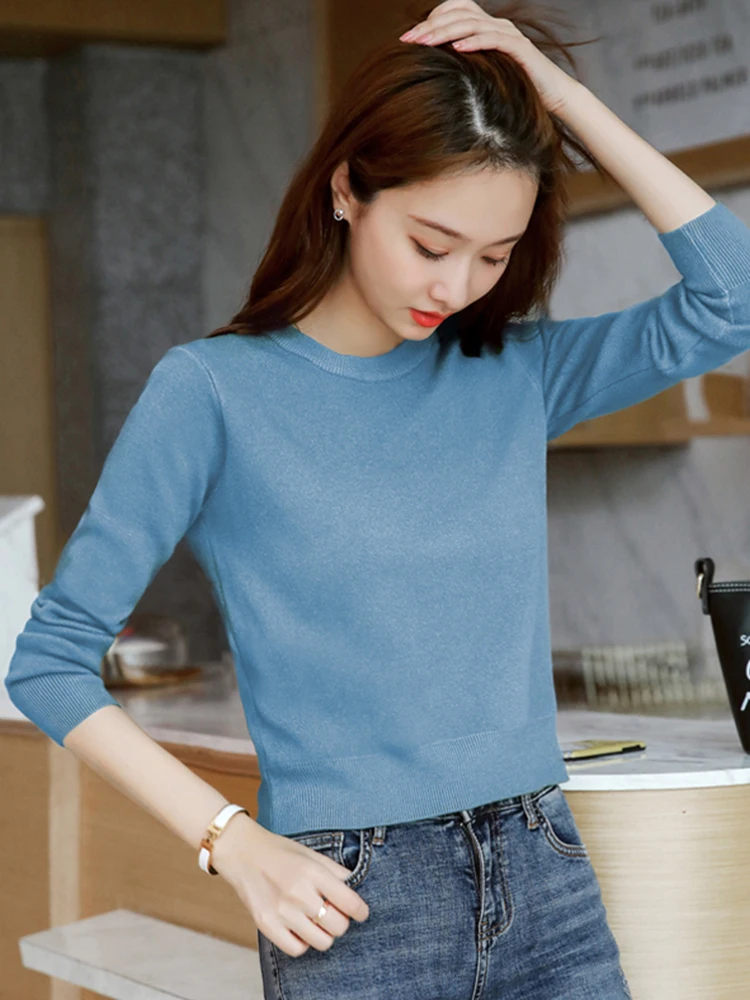 Белый пуловер женский короткий свитер с высокой талией утолщенный маленький