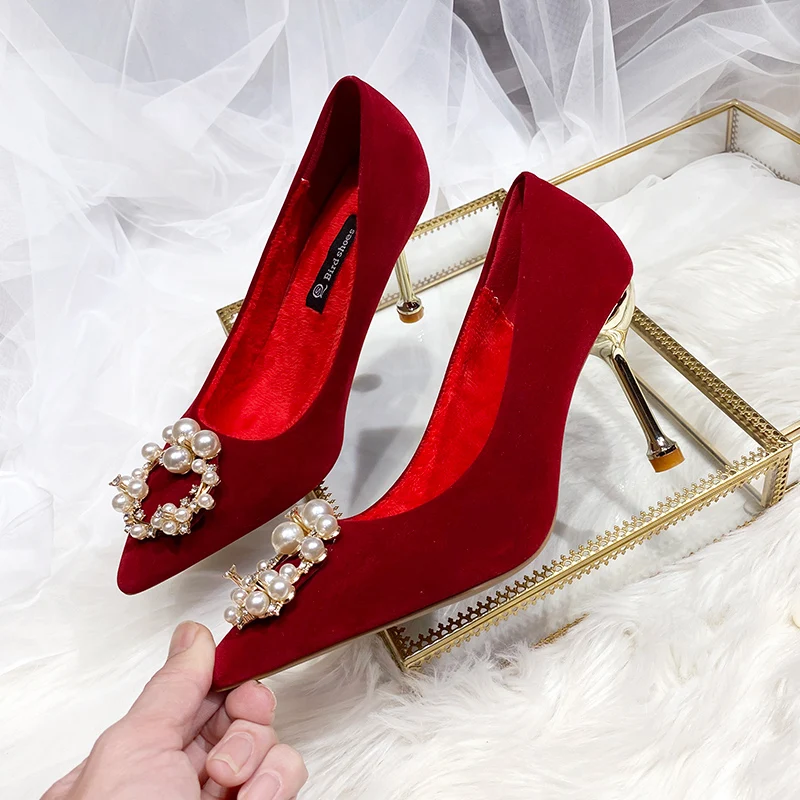 

Весна 2022, туфли на тонком каблуке с украшением из жемчуга, повседневные туфли на высоком каблуке для девочек