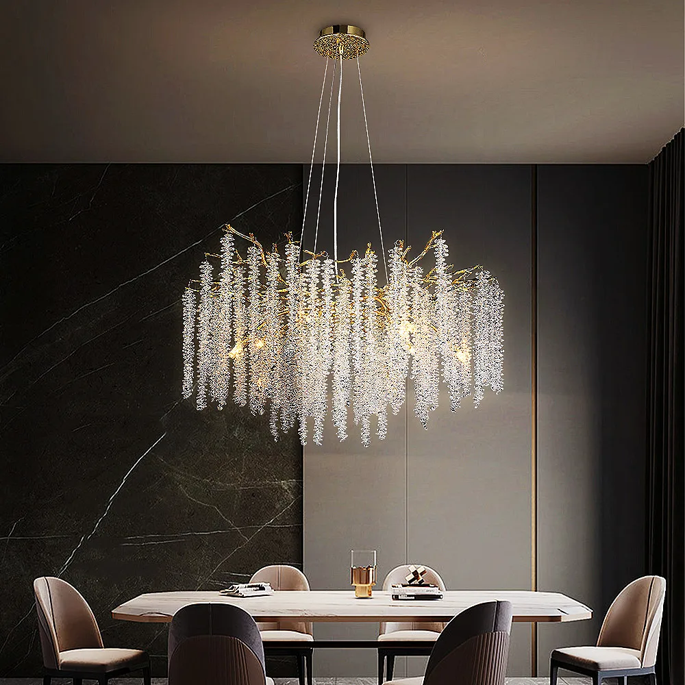 

Round Crystal Chandelier American Vintage Tree Branch Led Chandeliers Tassel Ceiling Hanging Light Fixtures for Dining Table