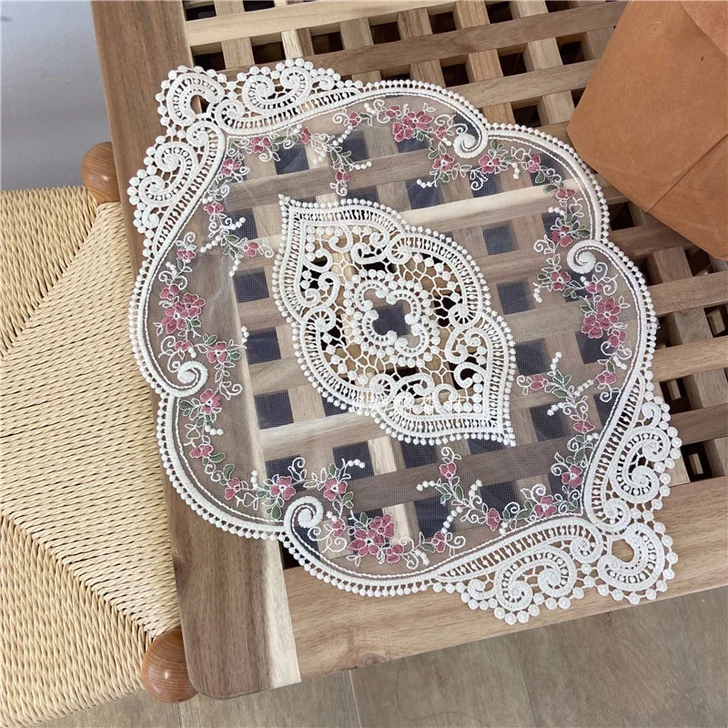 

French Oval Lace Embroidered Coaster Bedroom Study Kitchen Cup Table Mat Food Fruit Plate Cover Cloth Christmas Decoration