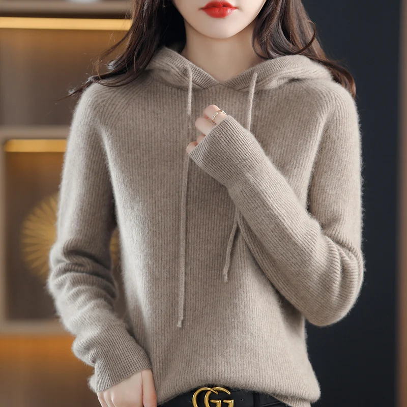 S-XXLCasual Premium 100% Cashmere Wool Sweater New Solid Color Knit Pullover Ladies Long Sleeve Hooded Sweater Autumn and winter