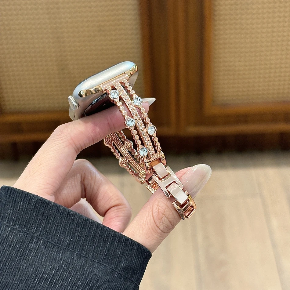 Фото Модный геометрический браслет с бриллиантами для Apple Watch Band S11/10/9/8/7/6/SE/Ultra, металлический ремешок для iWatch 49/46/45/44/42/41/40/38 мм №5