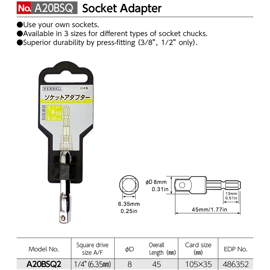 

VESSEL 1 шт. адаптер для отвертки, аксессуары для ручных инструментов NO.A20BSQ2/A20BSQ3/A20BSQ4/A20WSQ3/A20WSQ4