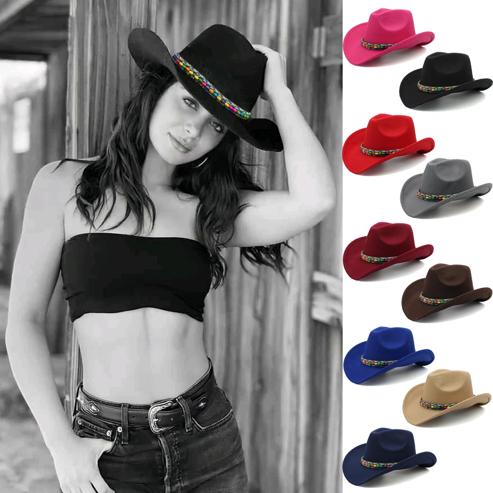 

3 Sizes Parent-child Men Women Kids Children Woolen Western Cowboy Hat Wide Brim Sunhat Party Travel Outdoor Cap Classical Retro