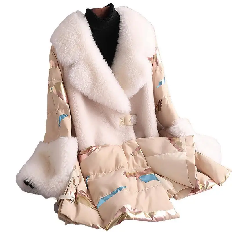 Down Jacket Female 2022 New Sheep Shearing Women Winter Coat Warm 100% Wool Fashion Slim Patchwork High Quality Clothing Parkas