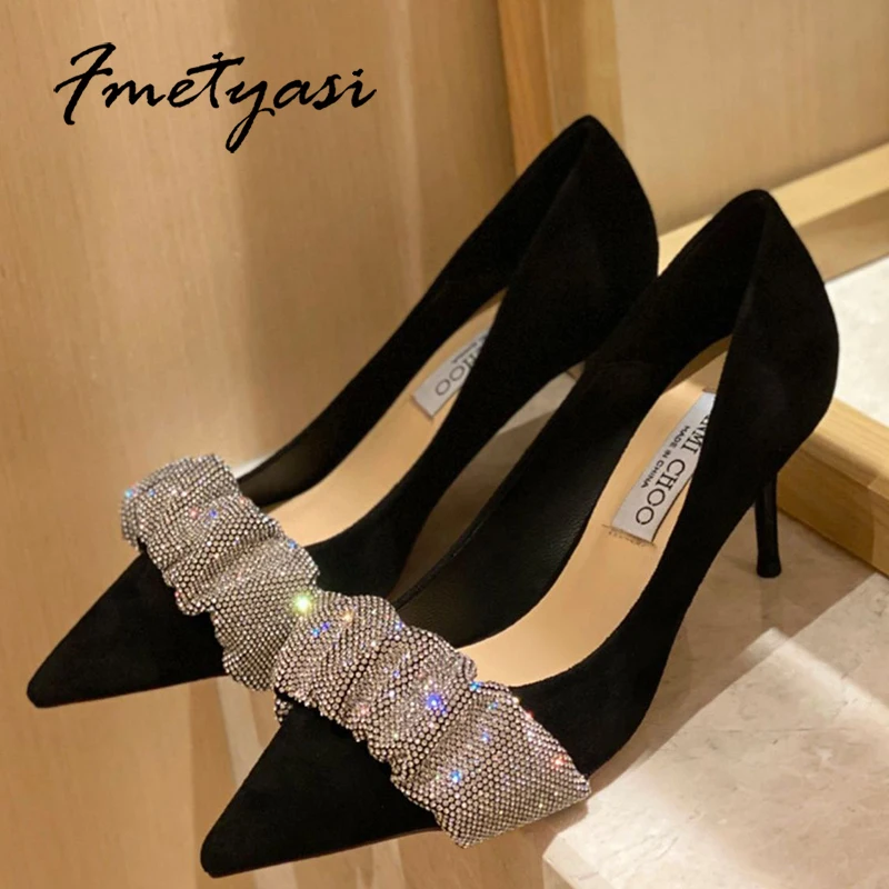 2022 New Women Pumps Luxury Rhinestone Chain Pointed Toe Shallow Mouth Stiletto Spring Summer Black Party Dress Shoes Heel