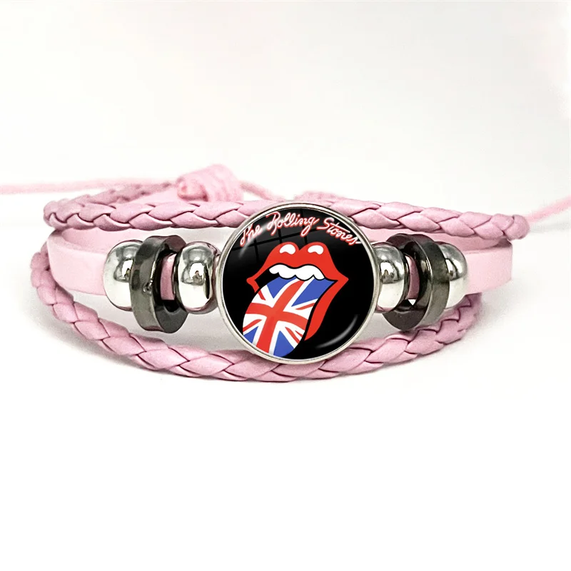 Классический браслет R-Rolling Rock Star розовый кожаный стеклянный кабошон