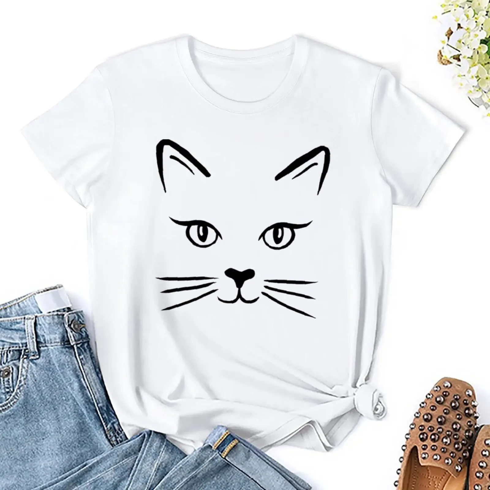 Милая футболка с кошачьим лицом забавная блузка рубашки для тренировок женщин