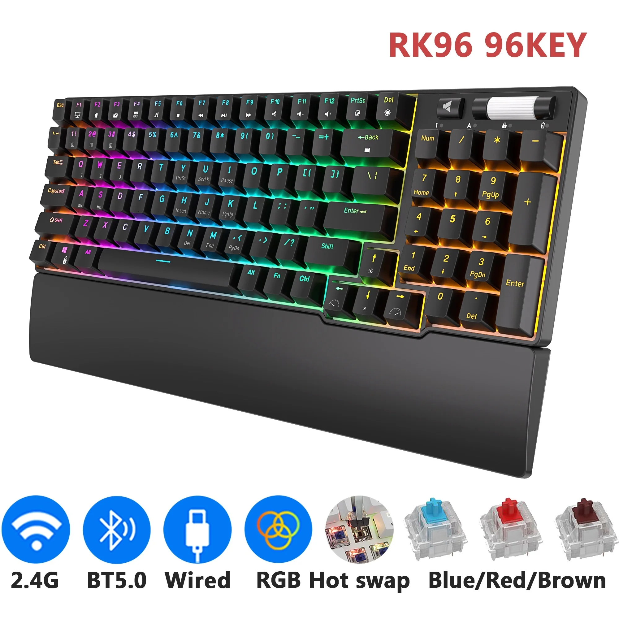 

New RK96 96 Keys RGB Wireless Bluetooth Mechanical Keyboard Tri-Mode BT5.0/2.4G/USB Hot Swappable Gamer keyboards for Tablet